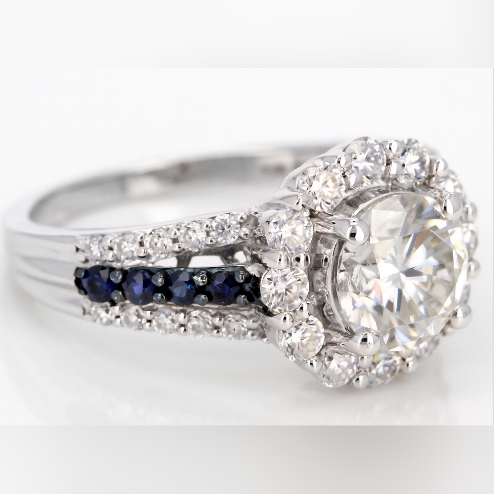 Moissanite Fire Blue Sapphire Platineve 925 Silver Ring - Picture 5 of 16